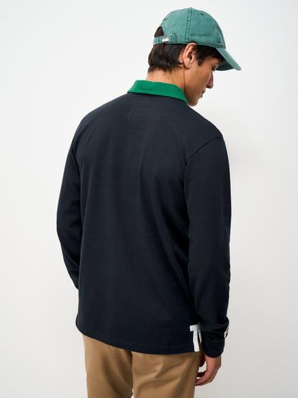Crew Clothing Cotton Stripe Detail Rugby Shirt, Navy/Green - view 2, Navy/Green