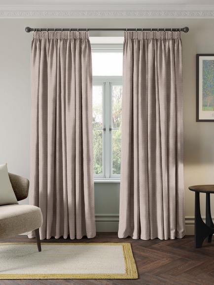 John Lewis Mini Geometric Check Pair Blackout Lined Pencil Pleat Curtains, Latte, Latte
