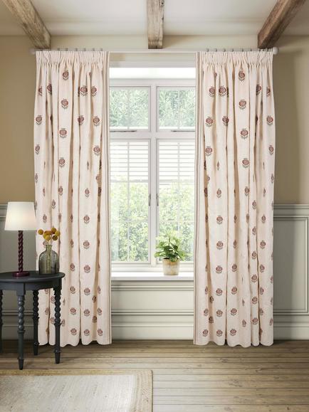 John Lewis Wilcote Pomegranate Embroidery Pair Blackout Lined Pencil Pleat Curtains, Pink Clay