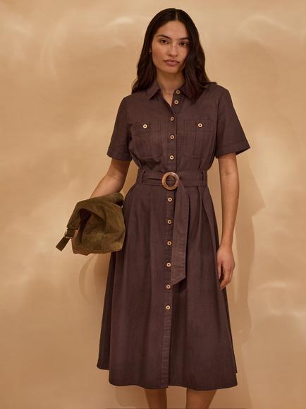 Celtic & Co. Safari Belted Shirt Midi Dress, Chocolate Brown, Chocolate Brown
