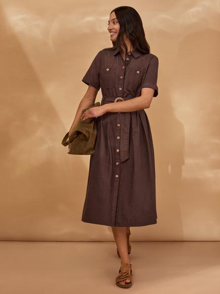 Celtic & Co. Safari Belted Shirt Midi Dress, Chocolate Brown - view 2, Chocolate Brown
