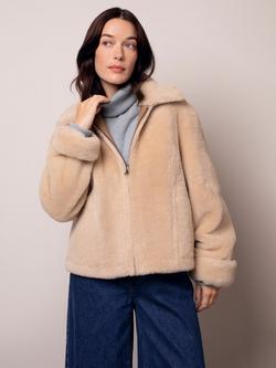 Celtic & Co. Exposed Wool Detail Pure Sheepskin Biker Jacket, Camel / Cream, Camel / Cream