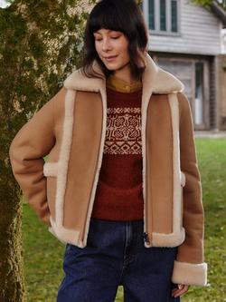 Celtic & Co. Exposed Wool Detail Pure Sheepskin Biker Jacket, Camel / Cream - view 2, Camel / Cream