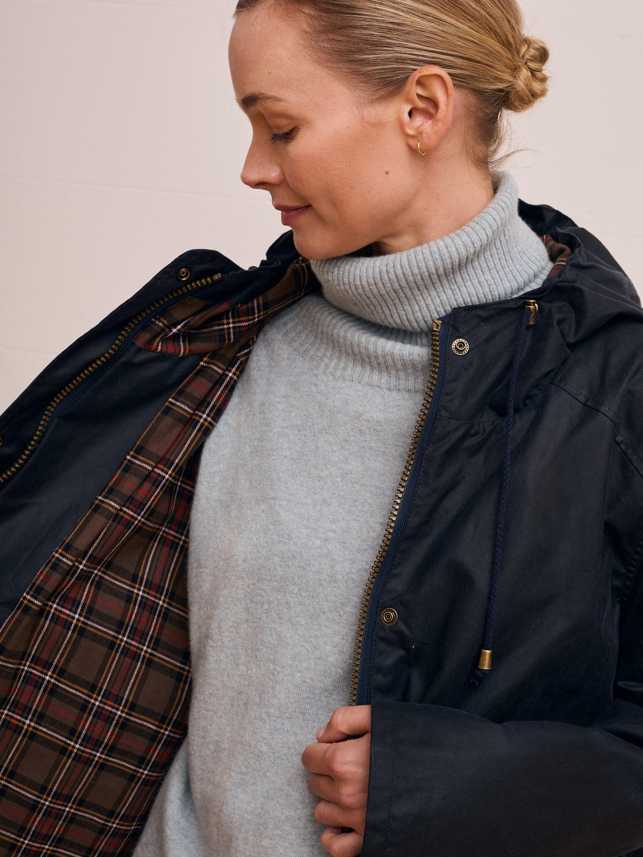 Product image 4 of 10, which shows Celtic & Co. Pleat Back Wax Jacket, Dark Navy, 8