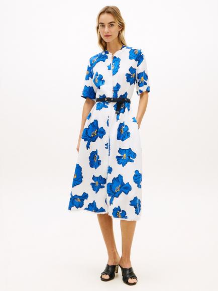 Tommy Hilfiger Frayed Floral Linen Blend Midi Shirt Dress, Blue/Multi, Blue/Multi