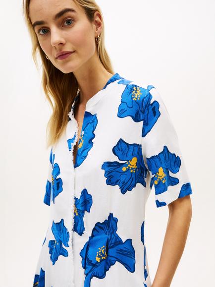 Tommy Hilfiger Frayed Floral Linen Blend Midi Shirt Dress, Blue/Multi - view 2, Blue/Multi