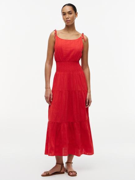 Tommy Hilfiger Smock Seersucker Cotton Tiered Dress, Bright Red, Bright Red