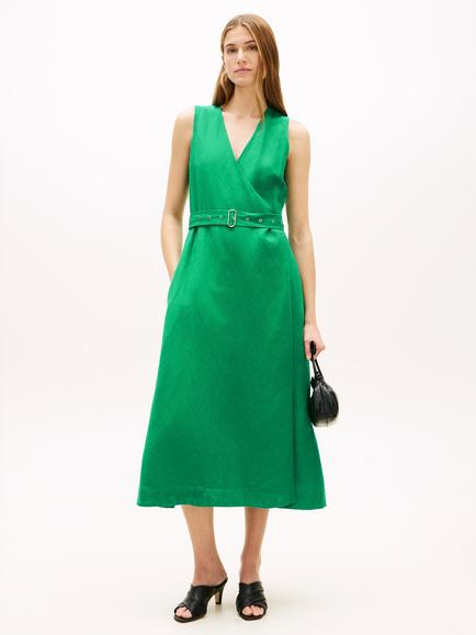 Tommy Hilfiger Belted Linen Blend Sleeveless Dress, Green, Green