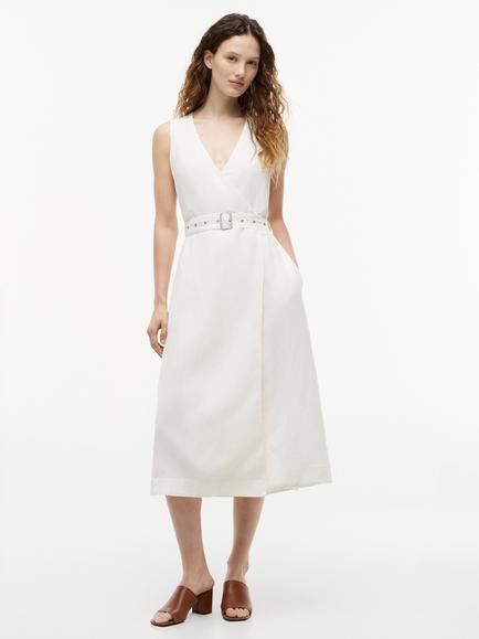 Tommy Hilfiger V-Neck Wrap Linen Blend Midi Dress, White, White