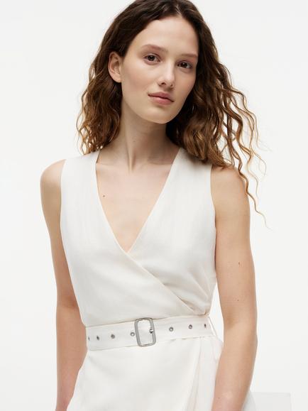 Tommy Hilfiger V-Neck Wrap Linen Blend Midi Dress, White - view 2, White