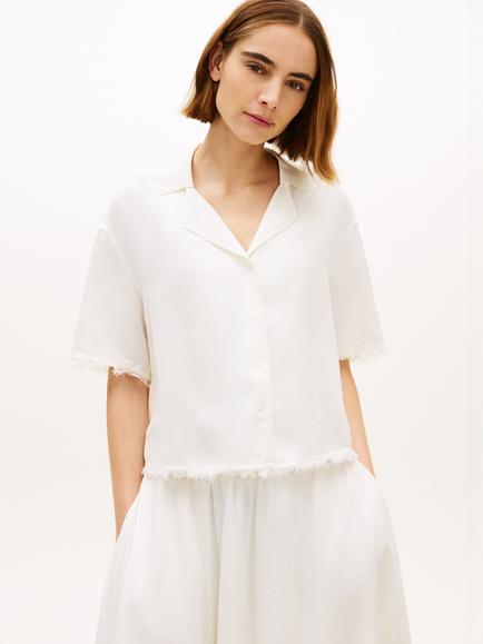Tommy Hilfiger Frayed Linen Blend Cuban Collar Shirt, White, White
