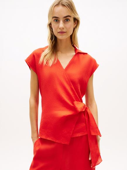 Tommy Hilfiger Knot Detail Pure Linen Wrap Top, Bright Red, Bright Red