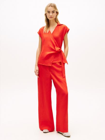 Tommy Hilfiger Knot Detail Pure Linen Wrap Top, Bright Red - view 2, Bright Red