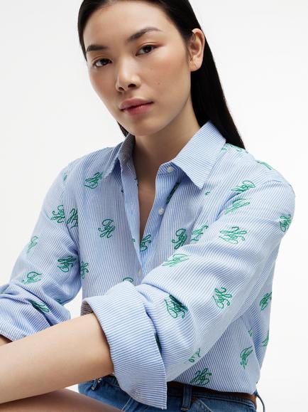 Tommy Hilfiger Stripe Logo Linen Blend Shirt, Blue - view 2, Blue