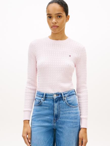 Tommy Hilfiger Fine Cable Knit Crew Neck Jumper, Light Pink