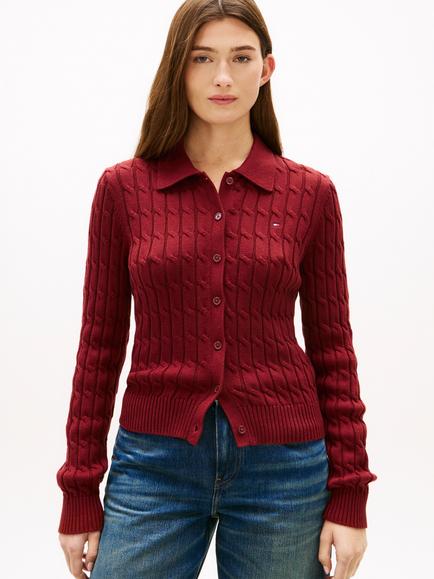 Tommy Hilfiger Cable Knit Cotton Cardigan, Wine Red, Wine Red