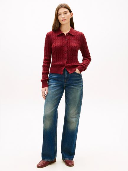 Tommy Hilfiger Cable Knit Cotton Cardigan, Wine Red - view 2, Wine Red