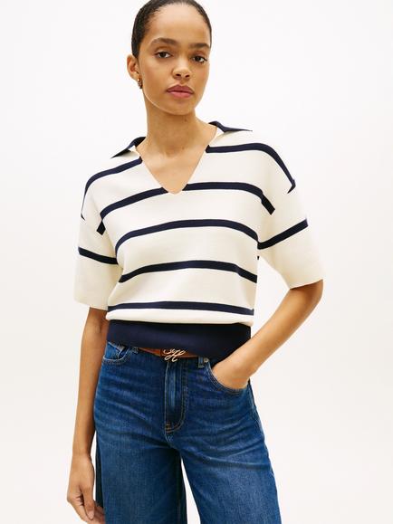 Tommy Hilfiger Striped Short Sleeve Jumper, Cream/Navy, Cream/Navy
