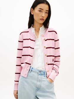 Tommy Hilfiger Striped Cotton Knit Cardigan, Pink/Red