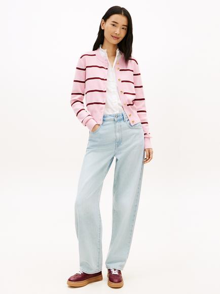 Tommy Hilfiger Striped Cotton Knit Cardigan - view 2, Pink/Red