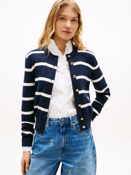 Tommy Hilfiger Striped Cotton Knit Cardigan, Navy/White
