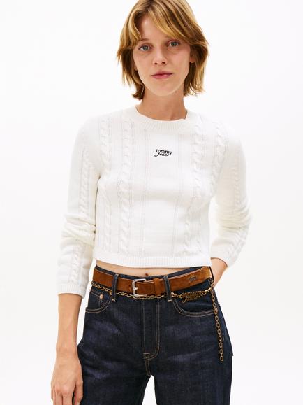 Tommy Hilfiger Logo Cable Knit Jumper, Beige, Beige