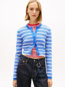 Tommy Hilfiger Crew Neck Stripe Cardigan, Blue/Multi, Blue/Multi