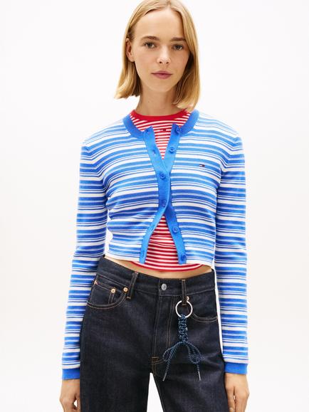 Tommy Hilfiger Crew Neck Stripe Cardigan, Blue/Multi, Blue/Multi
