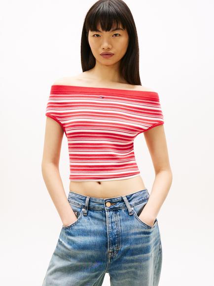 Tommy Hilfiger Bardot Neck Stripe Knit Top, Red/Multi, Red/Multi