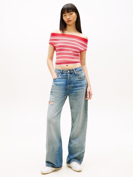 Tommy Hilfiger Bardot Neck Stripe Knit Top, Red/Multi - view 2, Red/Multi