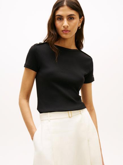 Tommy Hilfiger Slim Fit Button Shoulder T-Shirt, Black, Black