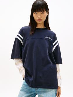 Tommy Hilfiger Oversized Stripe Sleeve T-Shirt, Dark Blue, Dark Blue