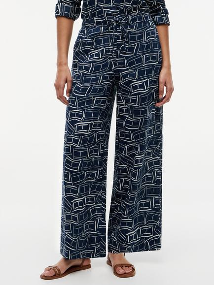 Tommy Hilfiger Abstract Wide Leg Pure Linen Trousers, Blue/Multi, Blue/Multi