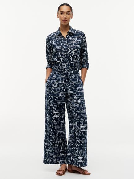 Tommy Hilfiger Abstract Wide Leg Pure Linen Trousers, Blue/Multi - view 2, Blue/Multi