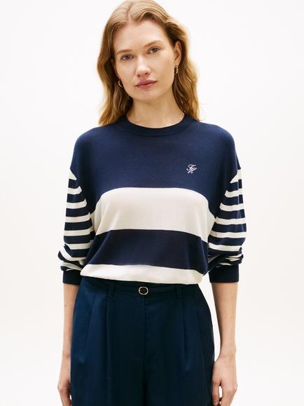 Tommy Hilfiger Stripe Embroidered Logo Jumper, Dark Night / Calico, Multi
