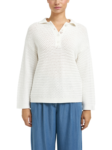 Smith & Soul Pointelle Stitch Polo Knit Jumper, Off White, Off White