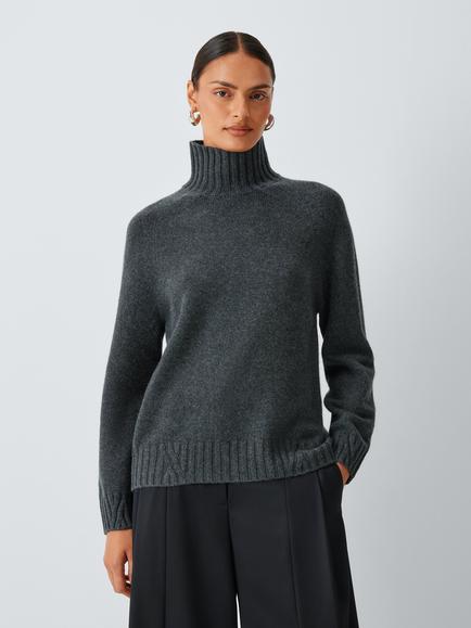 John Lewis Merino Wool Rich with Cashmere Funnel Neck Jumper, Charcoal, Charcoal