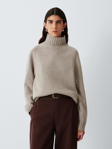 John Lewis Merino Wool Rich with Cashmere Funnel Neck Jumper, Taupe Marl, Taupe Marl