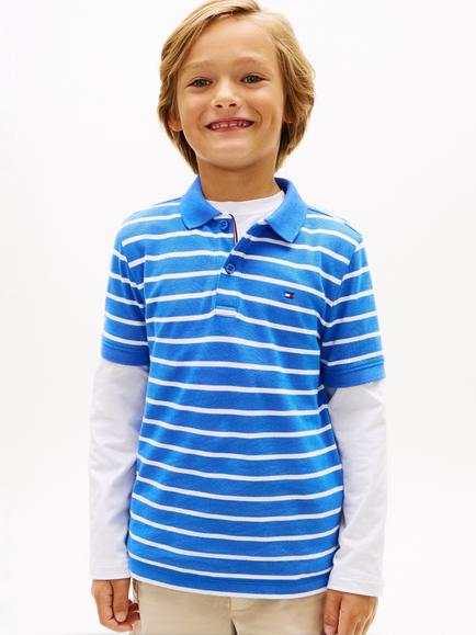 Tommy Hilfiger Kids' Cotton Flag Logo Stripe Short Sleeve Polo Shirt, Bright Blue