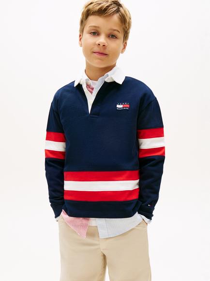 Tommy Hilfiger Kids' Cotton Flag Logo Stripe Long Sleeve Polo Shirt, Dark Blue, Dark Blue