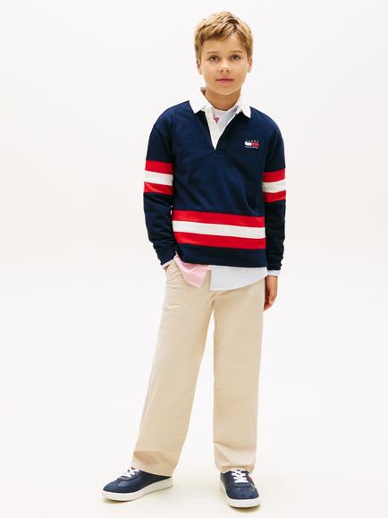 Tommy Hilfiger Kids' Cotton Flag Logo Stripe Long Sleeve Polo Shirt, Dark Blue - view 2, Dark Blue