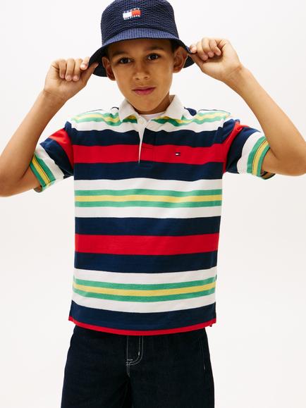 Tommy Hilfiger Kids' Striped Cotton Short Sleeve Rugby Jersey, Multi, Multi