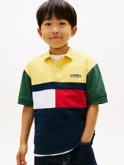 Tommy Hilfiger Kids' Monotype Logo Colour Block Cotton Short Sleeve Polo Shirt, Multi, Multi