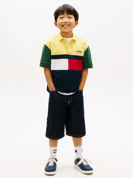 Tommy Hilfiger Kids' Monotype Logo Colour Block Cotton Short Sleeve Polo Shirt, Multi - view 2, Multi
