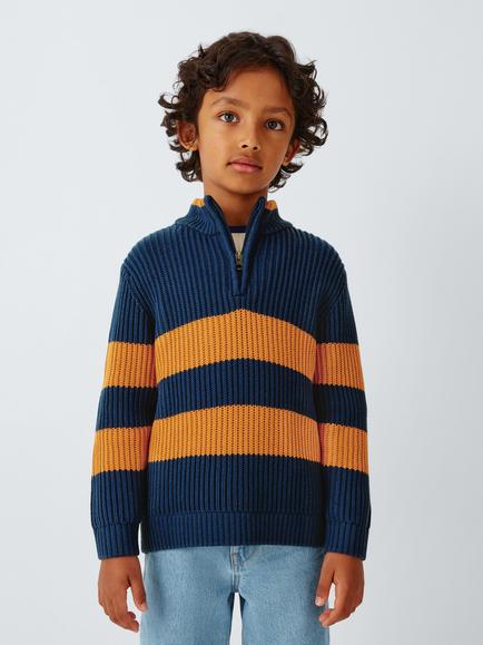 John Lewis Kids' Quarter Zip Knit Jumper, Navy/ Golden Ochre, Navy/ Golden Ochre