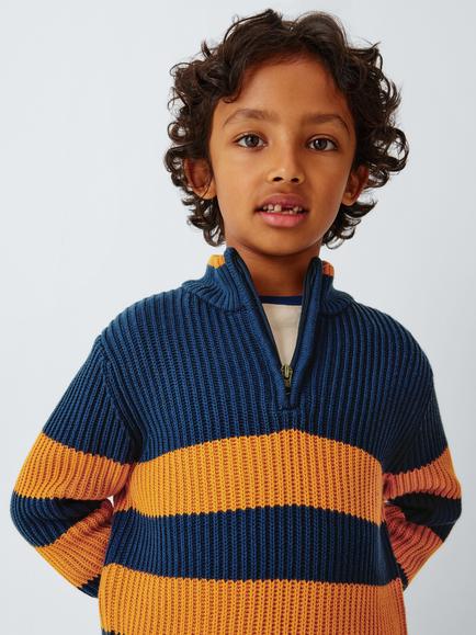 John Lewis Kids' Quarter Zip Knit Jumper, Navy/ Golden Ochre - view 2, Navy/ Golden Ochre