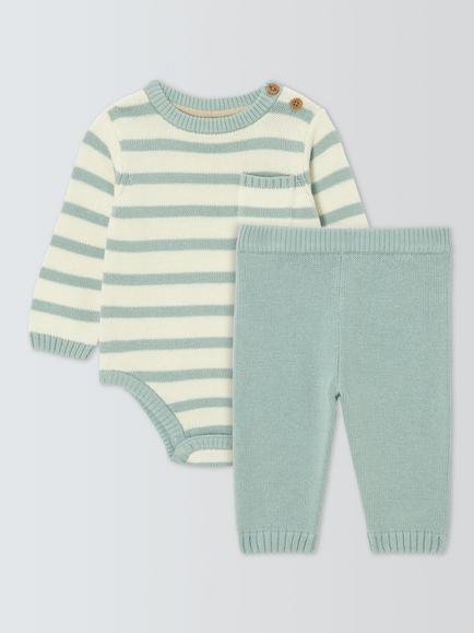 John Lewis Baby Knitted Striped Bodysuit and Trousers, Green, Green