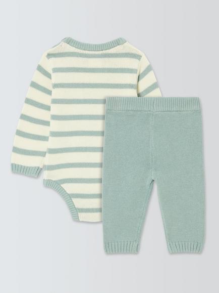 John Lewis Baby Knitted Striped Bodysuit and Trousers, Green - view 2, Green