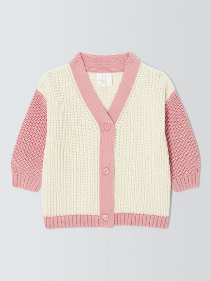John Lewis Baby Knitted Cardigan, Pink/Cream, Pink/Cream