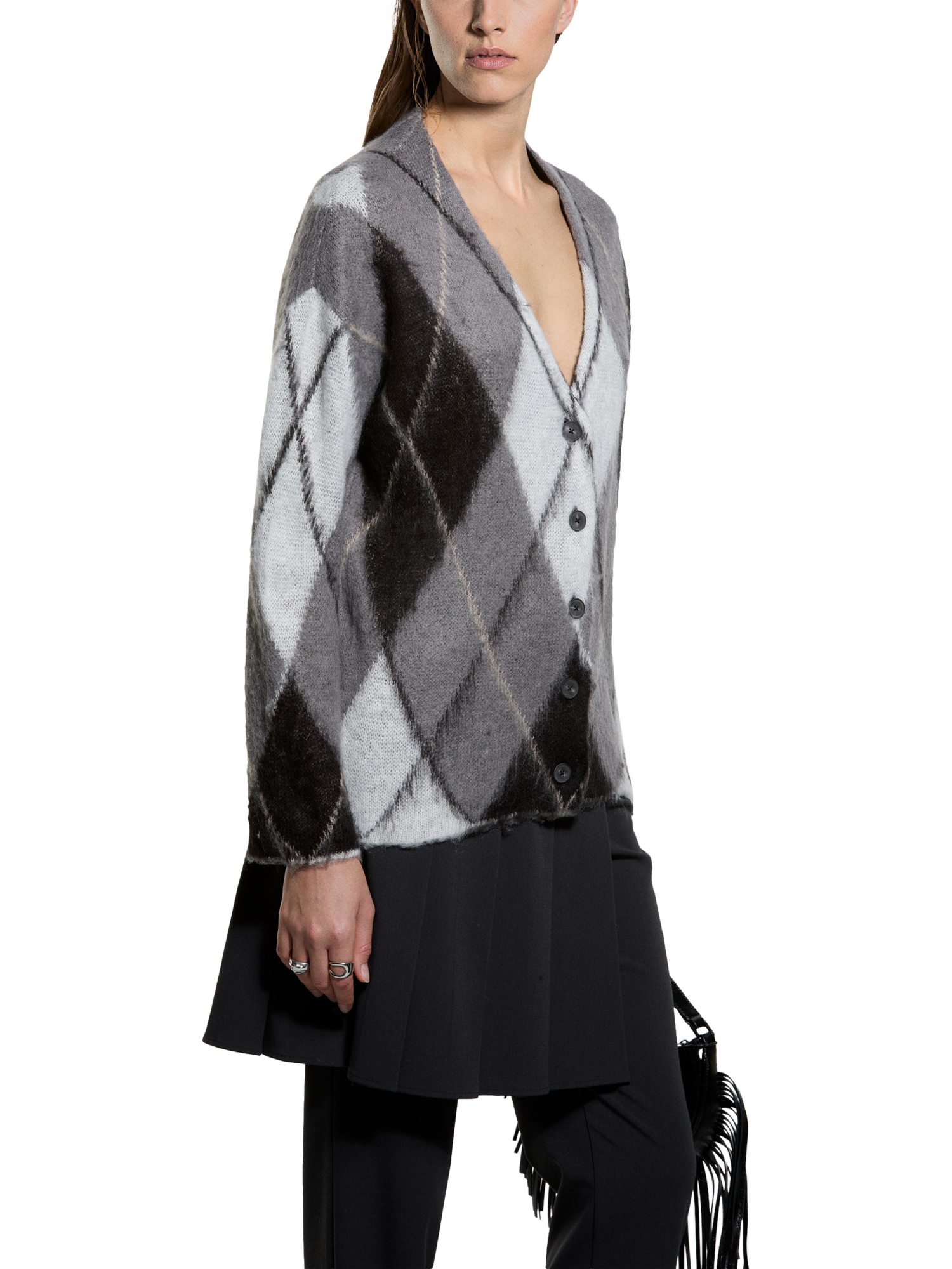 Product image 1 of 4, which shows SISLEY V-Neck Argyle Cardigan, Grey Multi, L